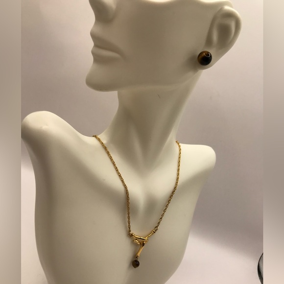 Trifari Gold-Tone & Tigers Eye Necklace and Earring Set - Picture 2 of 9